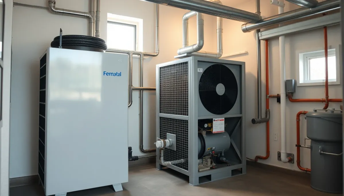 Installation intérieure d'une pompe à chaleur géothermique avec compresseur et circuits