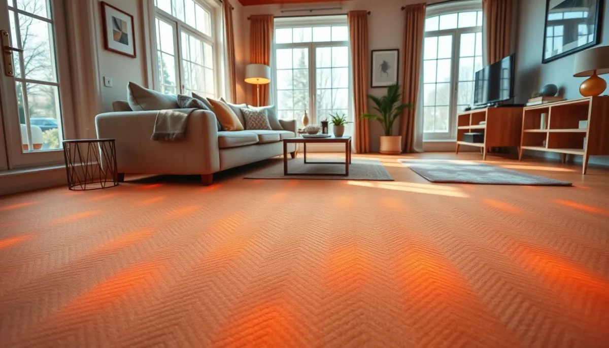 Salon confortable avec chauffage au sol diffusant une chaleur douce et homogène