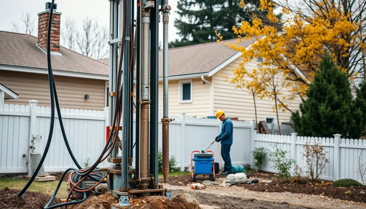 Forage vertical pour pompe à chaleur géothermique dans un jardin résidentiel