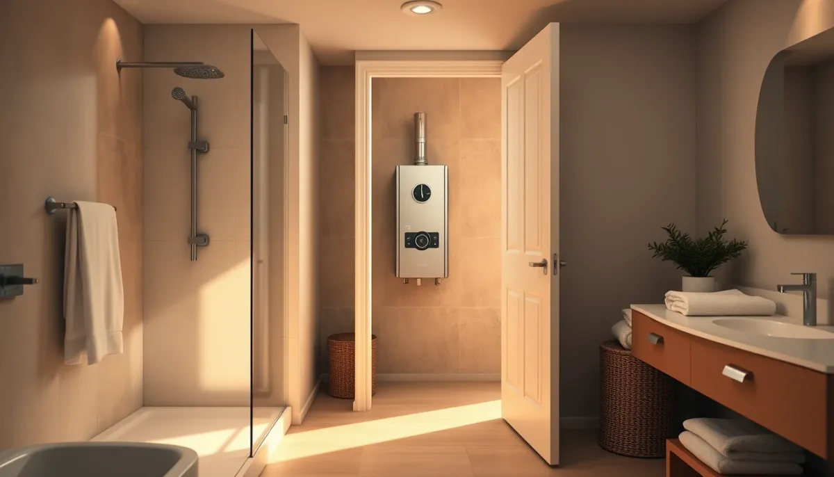 Salle de bain moderne équipée d'un chauffe-eau thermodynamique Atlantic Calypso adapté à une famille