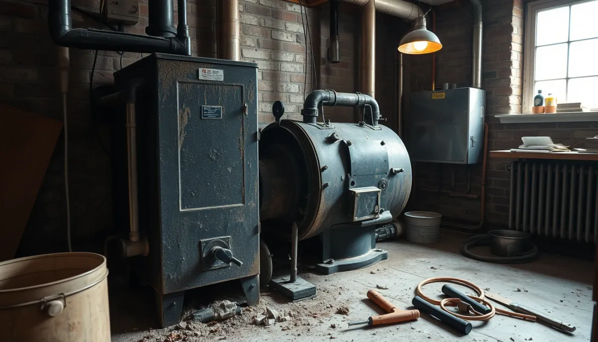 Dépose d'une ancienne chaudière fioul dans une cave avant installation d'une pompe à chaleur