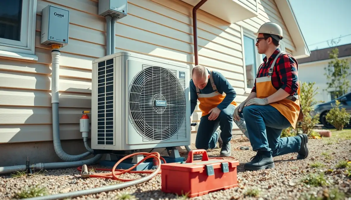 Techniciens installant une pompe à chaleur air/eau à l'extérieur d'une maison