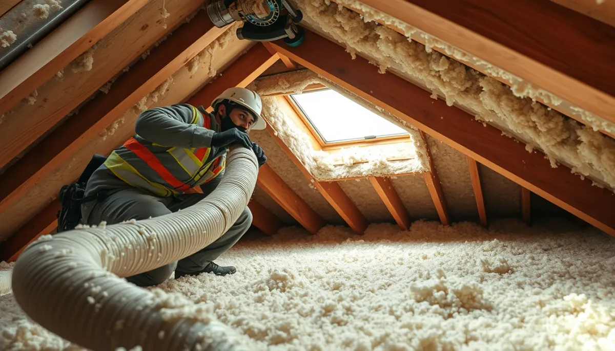 Artisan soufflant de la ouate de cellulose dans des combles perdus