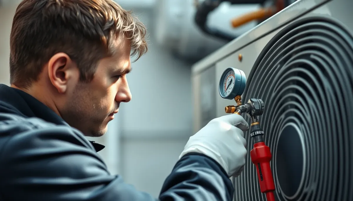 Technicien certifié effectuant l'entretien d'une pompe à chaleur air/eau
