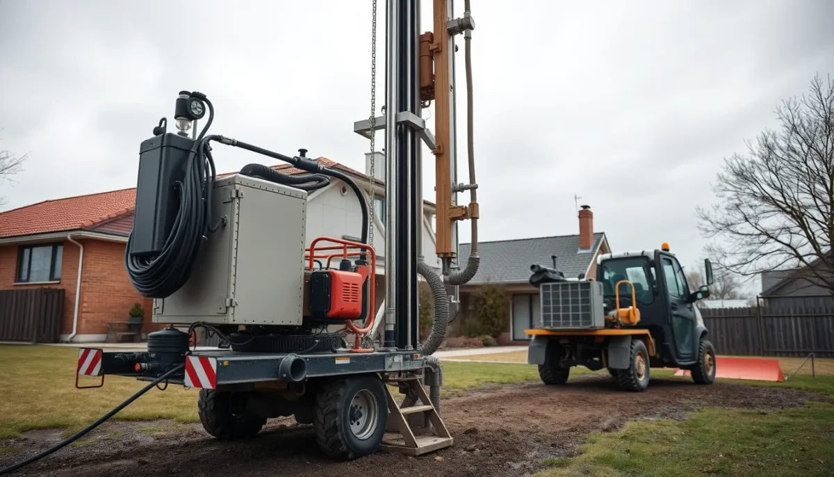 Foreuse en action pour un captage vertical géothermique sur un terrain résidentiel