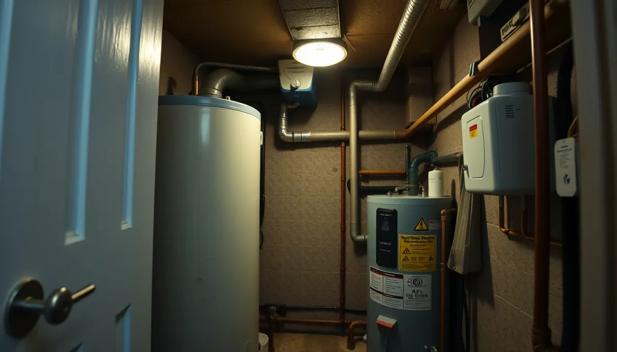 Petit local technique encombré avec un chauffe-eau électrique classique