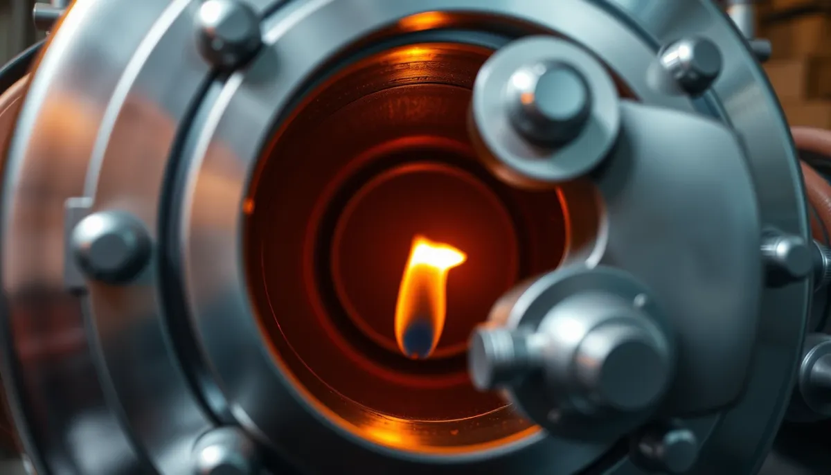 Gros plan sur la chambre de combustion et l'échangeur d'une chaudière à granulés