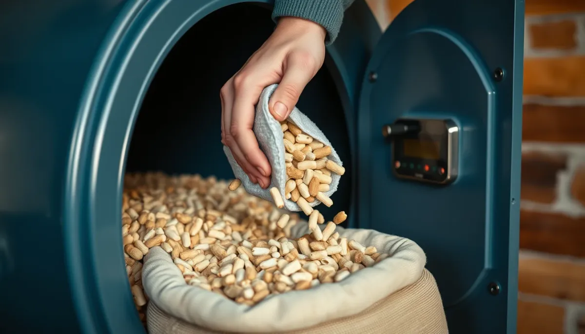 Mains remplissant la trémie d'une chaudière à granulés avec des granulés de bois