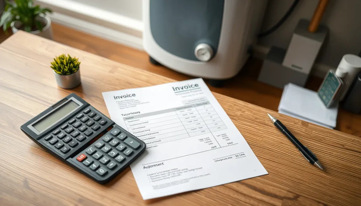 Facture et calculatrice sur un bureau en bois avec une chaudière à granulés en arrière-plan flou