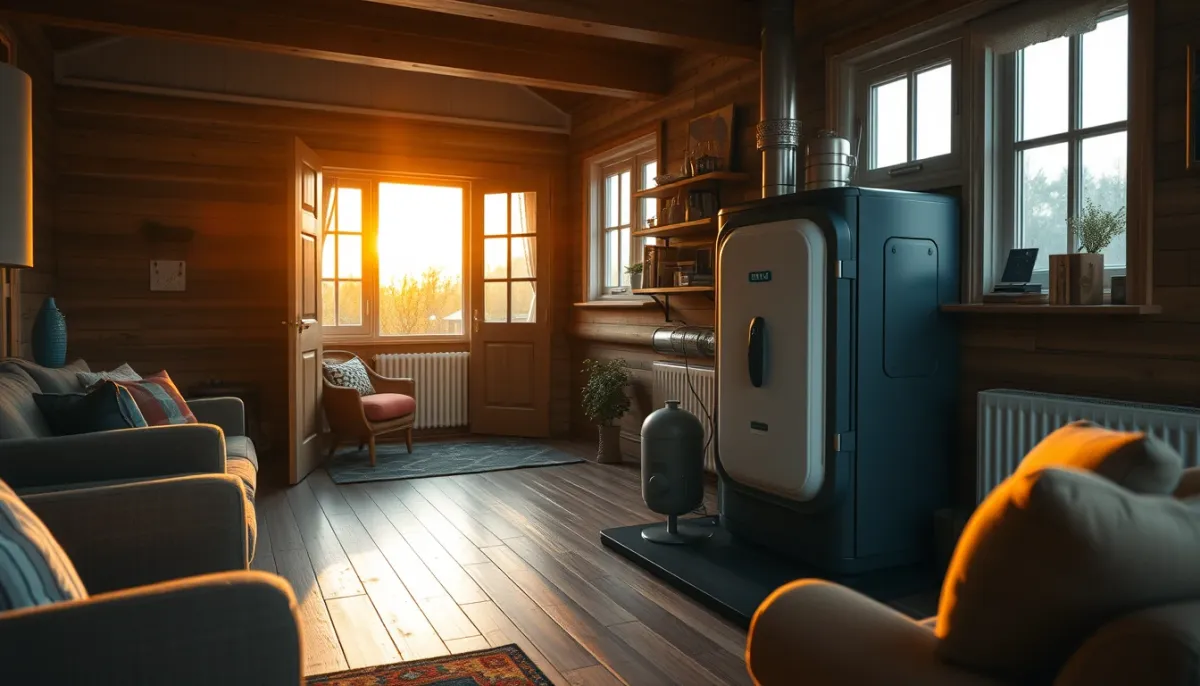 Salon confortable avec vue sur une chaudière à granulés dans une maison traditionnelle