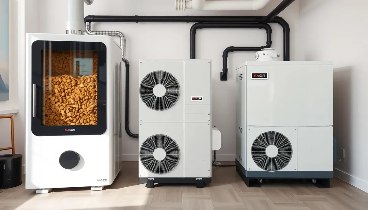Comparaison côte à côte d'une chaudière à granulés, d'une PAC air/eau et d'une PAC géothermique