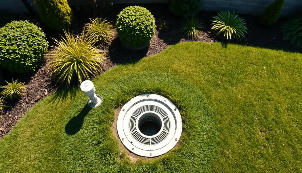 Jardin résidentiel après forage géothermique avec regard de visite affleurant