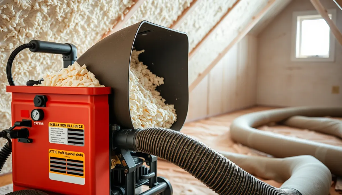 Machine souffleuse professionnelle et tuyaux utilisés pour l'isolation des combles