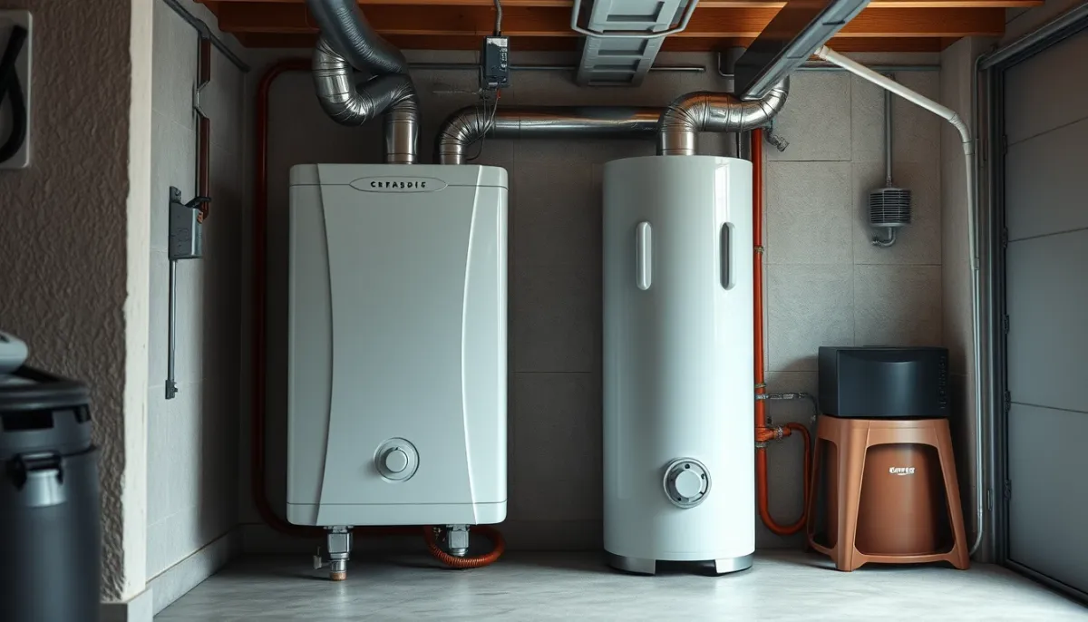 Chauffe-eau thermodynamique compact installé dans un garage, avec raccordement aéraulique visible