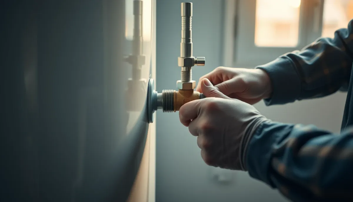 Mains d'un installateur réglant une vanne sur un chauffe-eau thermodynamique