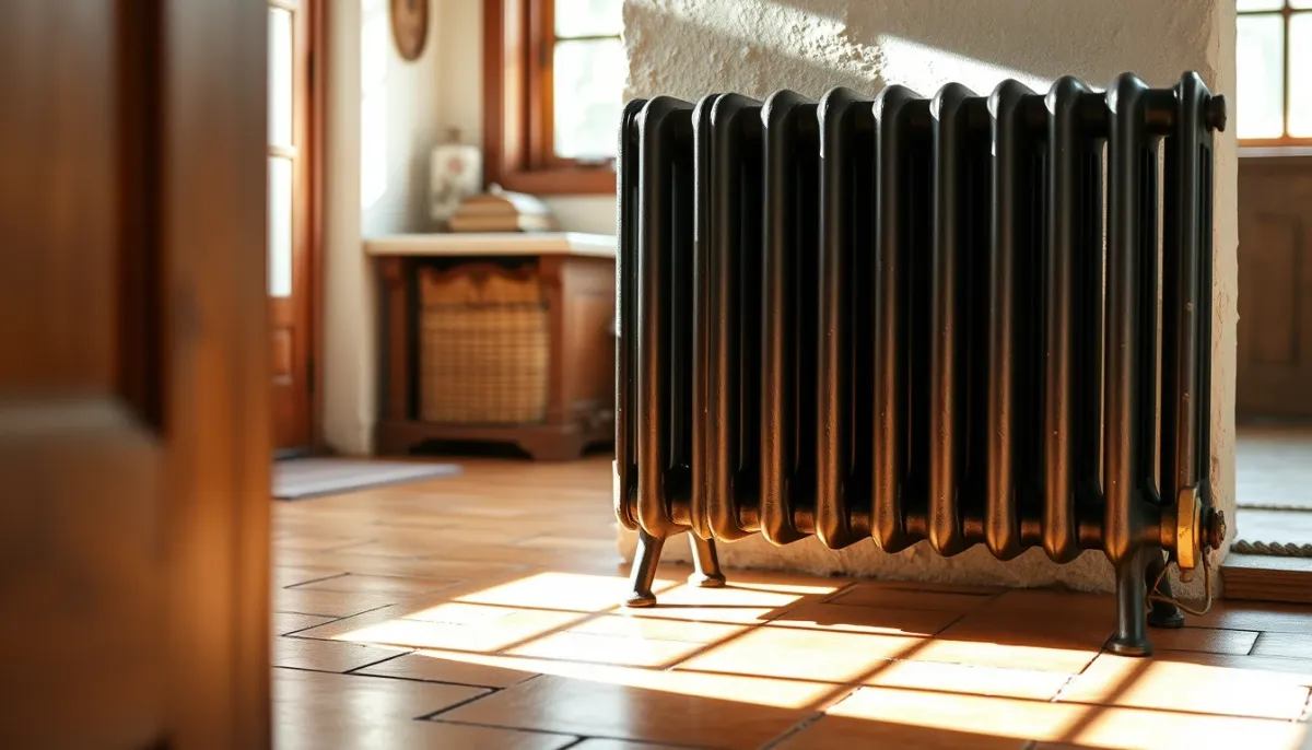 Radiateur ancien en fonte dans un salon de ferme landaise, éclairé par la lumière naturelle d'une fenêtre