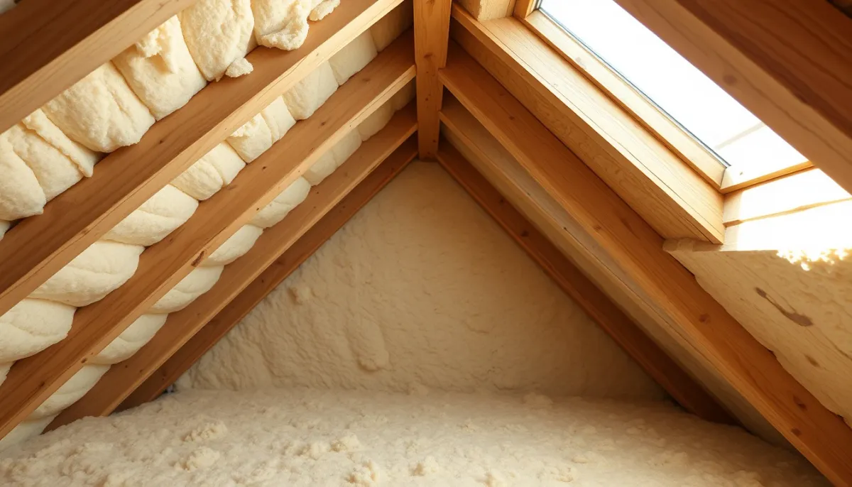 Combles d'une ferme landaise isolés avec de la ouate de cellulose entre les chevrons en bois