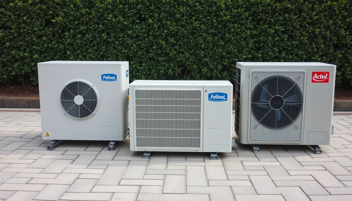 Trois pompes à chaleur extérieures côte à côte pour comparer les modèles Mitsubishi, Daikin et Atlantic