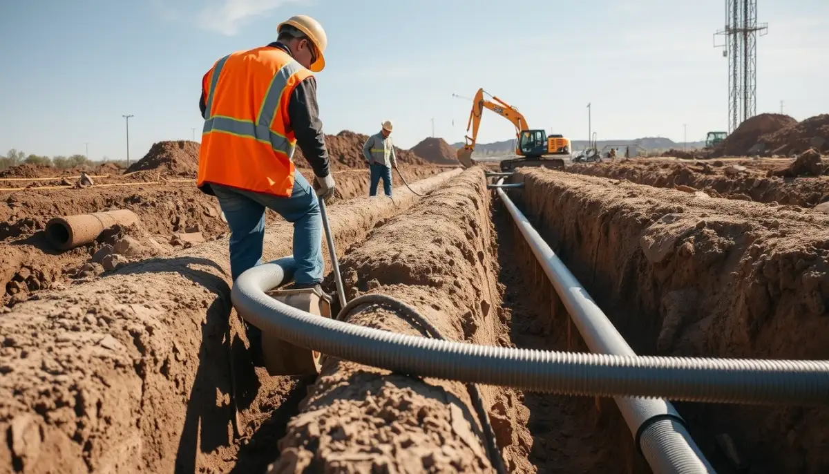 Chantier de pose de capteurs horizontaux avec tranchées et ouvriers