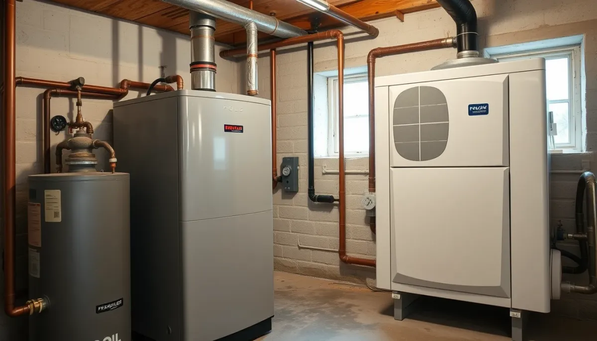 Comparaison visuelle entre une ancienne chaudière fioul et une pompe à chaleur air/eau moderne