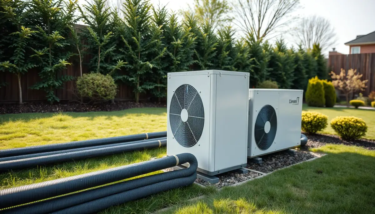 Installation extérieure d'une pompe à chaleur géothermique avec capteurs enterrés