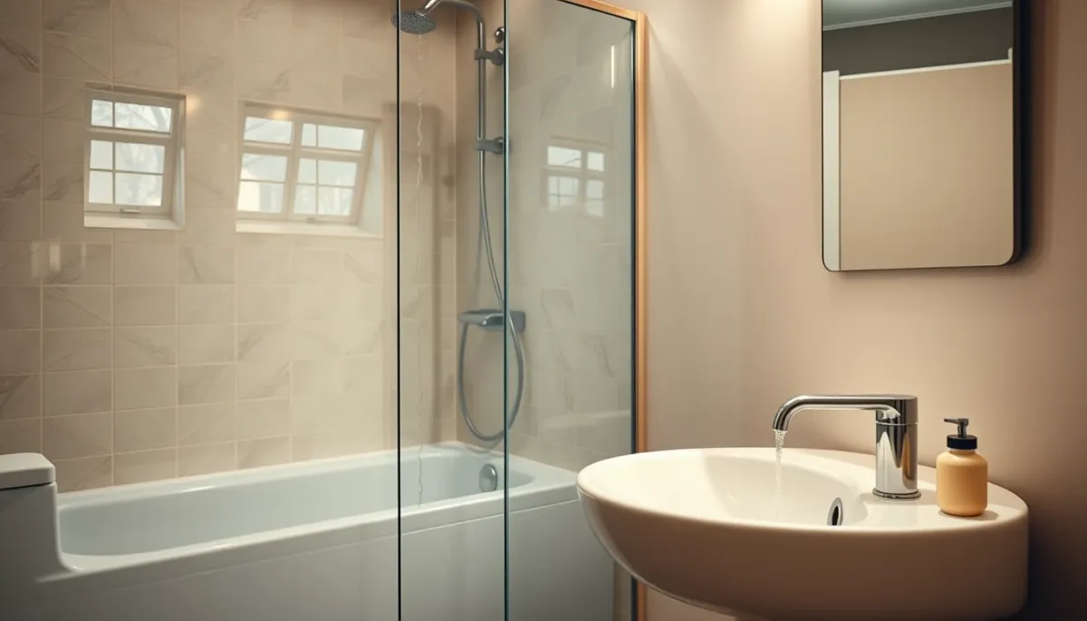 Salle de bain moderne avec eau chaude au robinet, illustrant le confort quotidien
