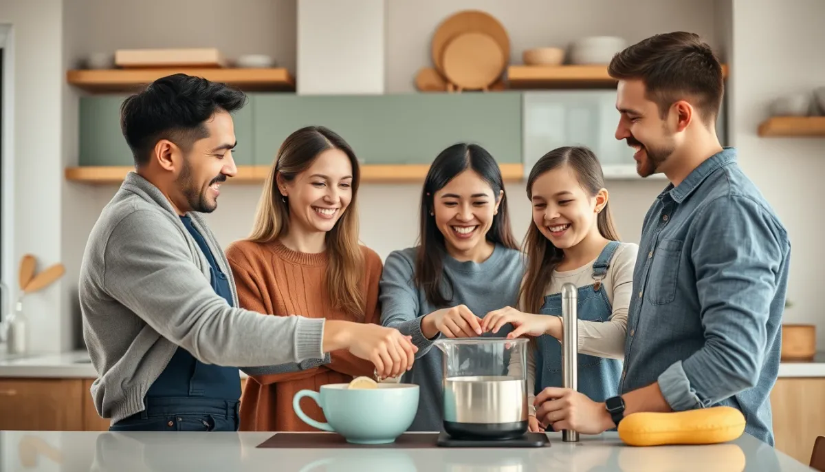 Famille de quatre personnes dans une cuisine lumineuse, profitant de l'eau chaude