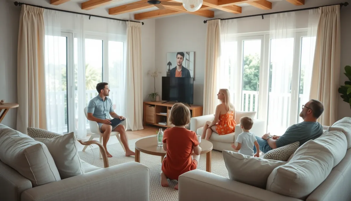 Famille se détendant dans un salon frais en été grâce à une PAC réversible