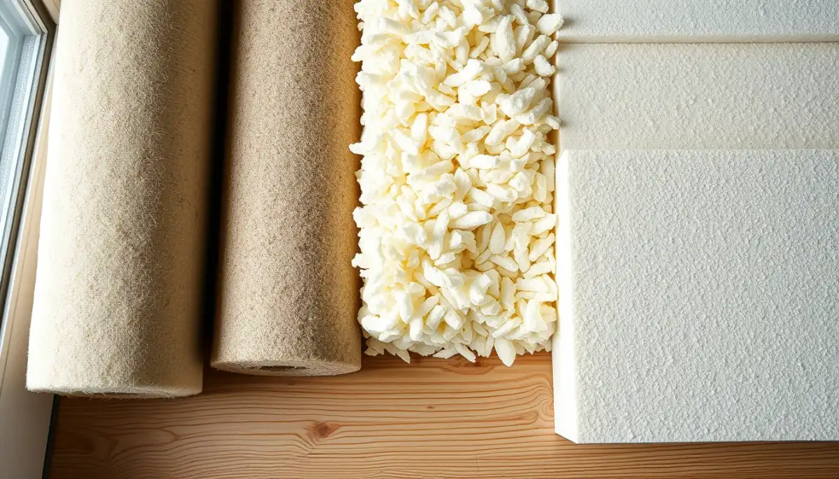 Comparaison en vue de dessus de quatre isolants : laine de verre, laine de roche, ouate de cellulose et panneaux de polyuréthane, illustrant les différentes épaisseurs pour R = 7