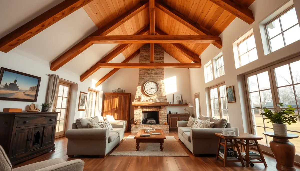 Salon confortable d'une maison landaise avec plafond incliné et poutres apparentes, bénéficiant d'une isolation performante à R = 7 pour un confort optimal été comme hiver