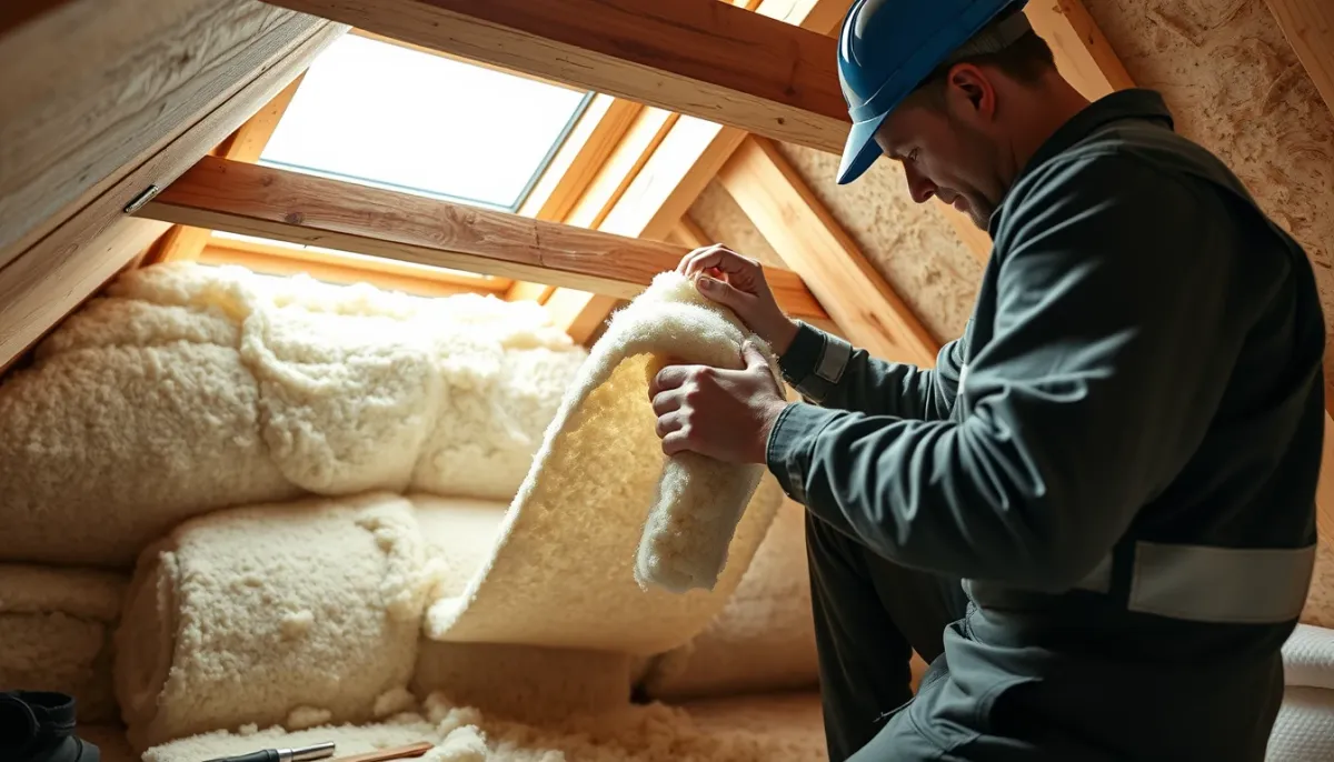 Artisan posant de la laine minérale dans des combles pour une isolation à R = 7, illustrant le prix posé et la mise en œuvre professionnelle