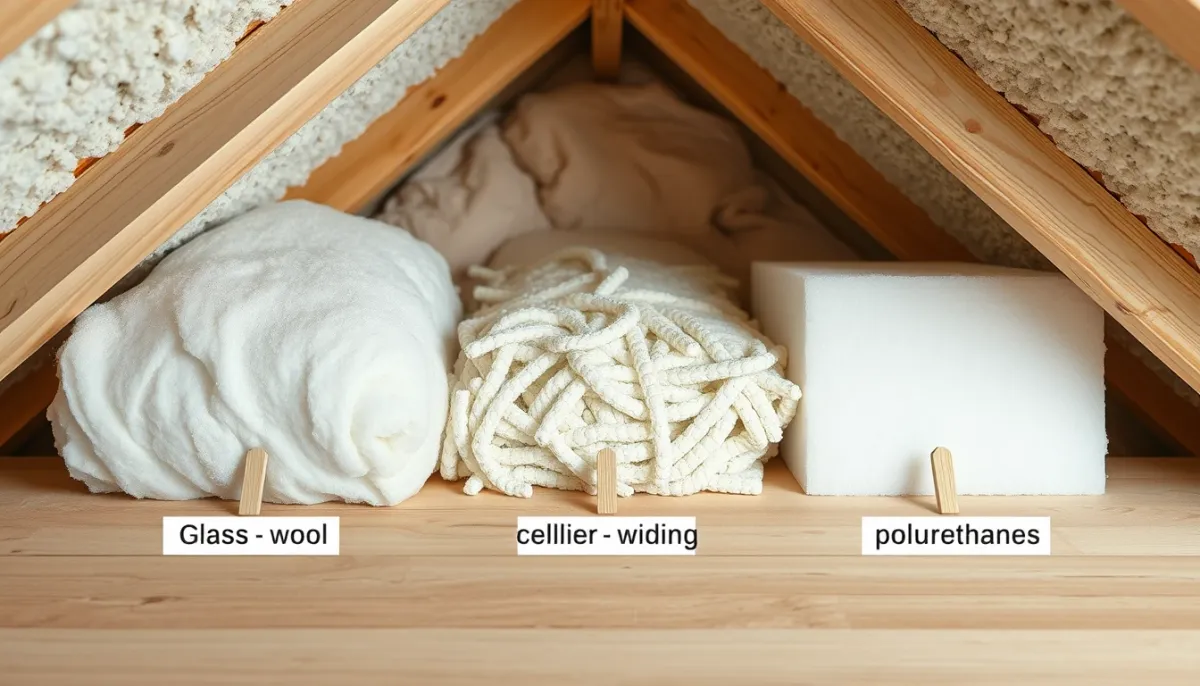 Comparatif visuel de trois isolants pour R = 7 : laine de verre, ouate de cellulose et polyuréthane, disposés côte à côte dans des combles
