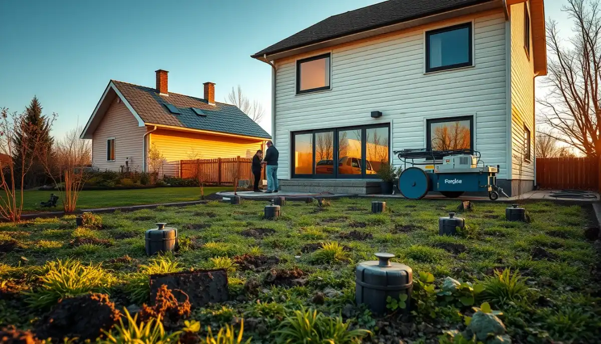 Installation de capteurs géothermiques dans le jardin d'une maison
