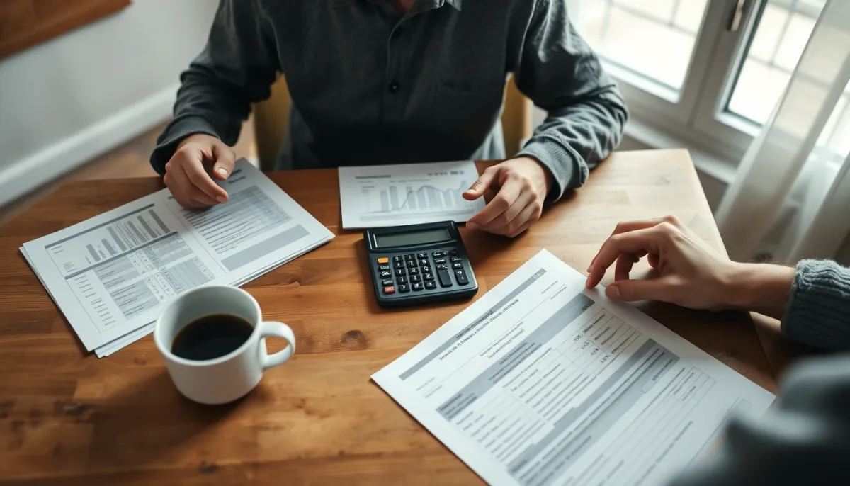 Propriétaire analysant ses factures d'énergie et documents financiers