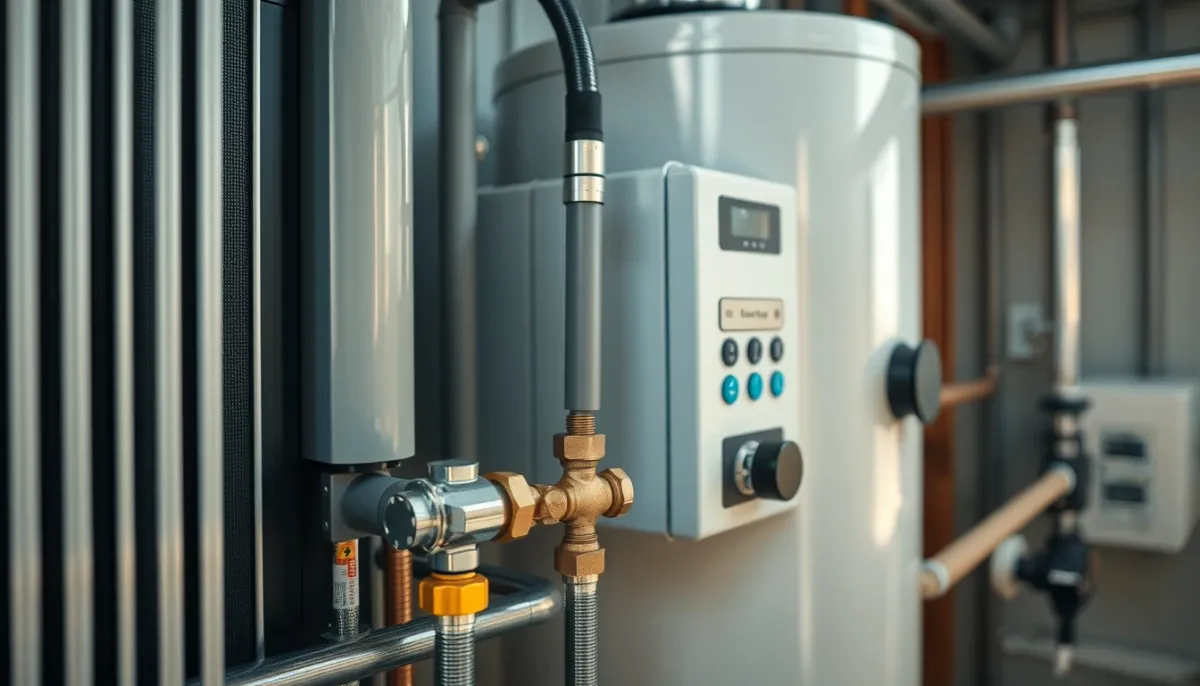 Gros plan sur les composants techniques d'un chauffe-eau thermodynamique