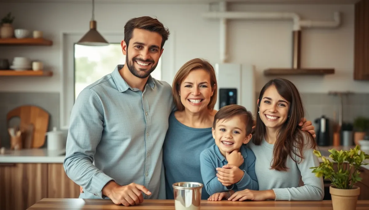Famille dans une cuisine moderne avec un chauffe-eau thermodynamique en arrière-plan