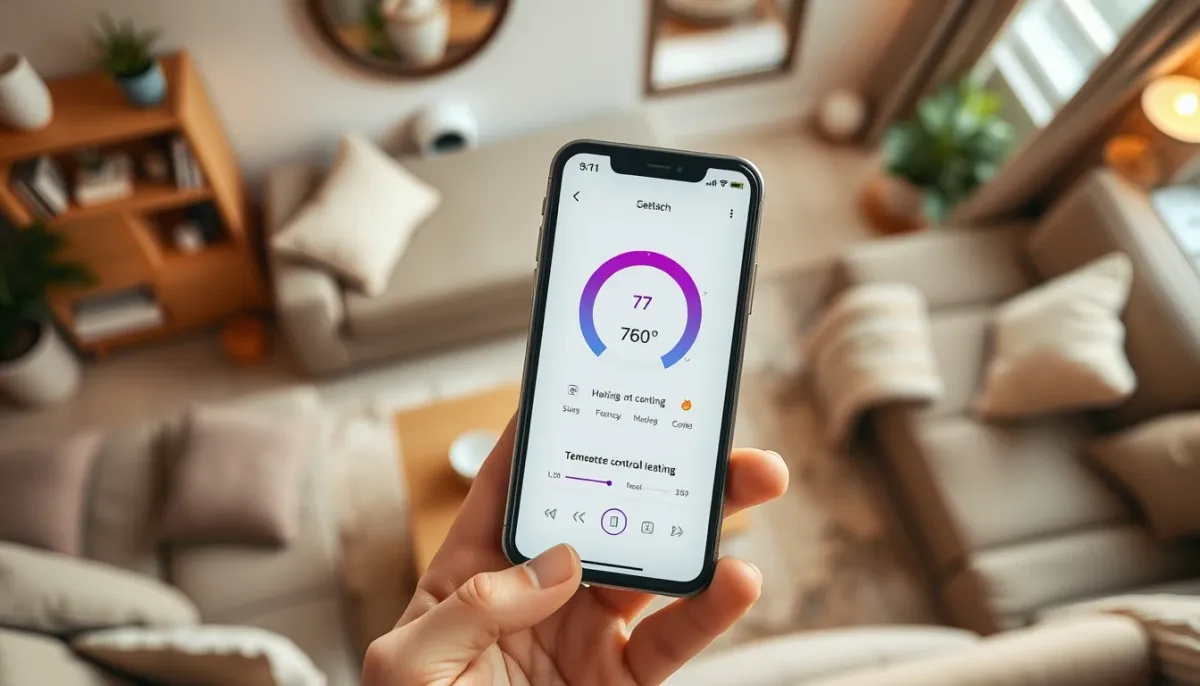 Smartphone avec application de régulation du chauffage à distance dans un salon