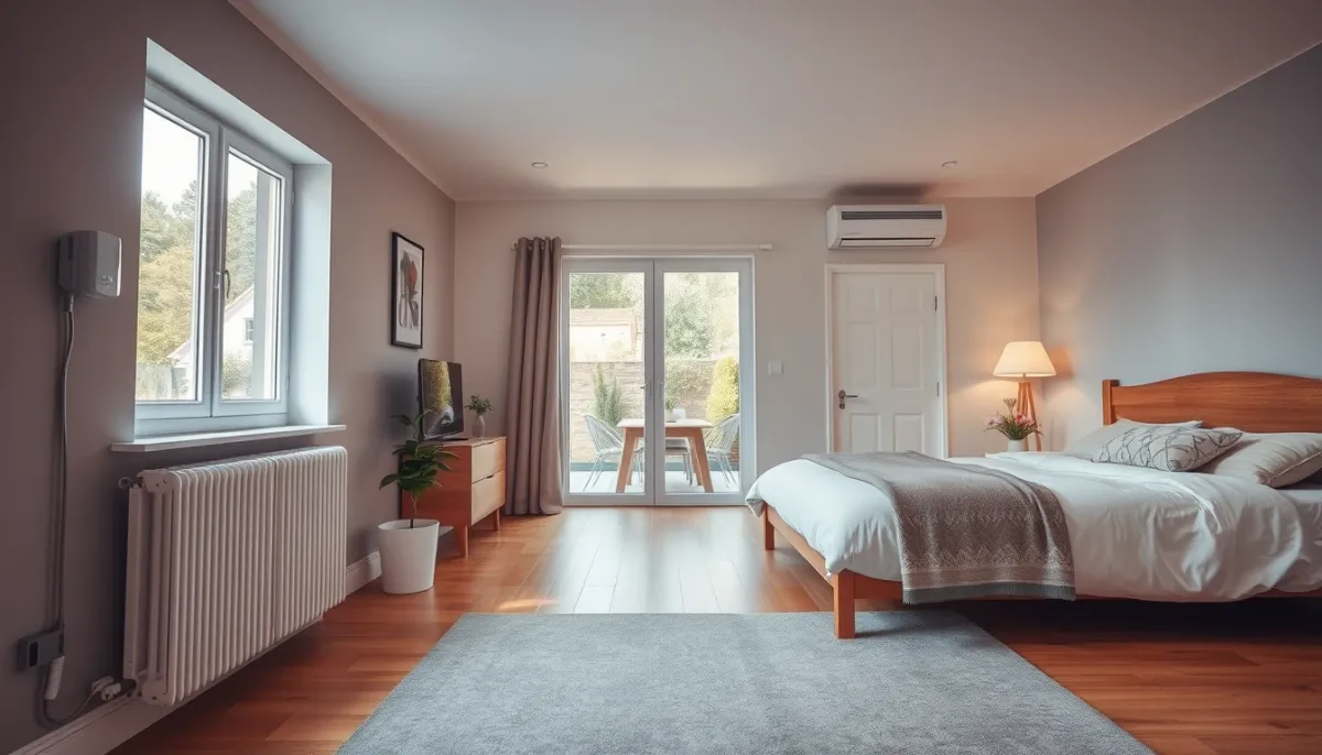 Intérieur de maison avec radiateur et unité de PAC air/air dans une chambre