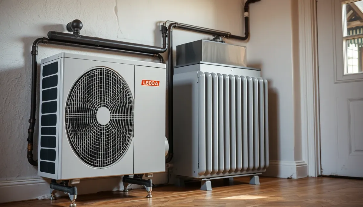Pompe à chaleur géothermique raccordée à un radiateur en fonte dans une maison rénovée
