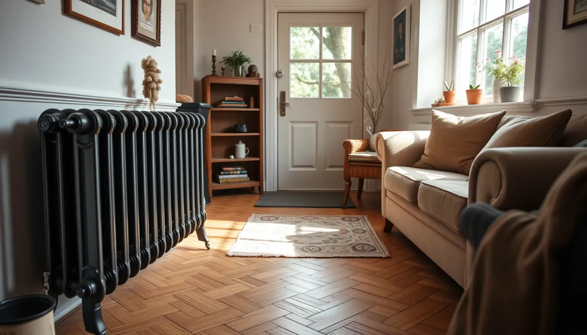 Salon confortable chauffé par des radiateurs en fonte avec une pompe à chaleur géothermique