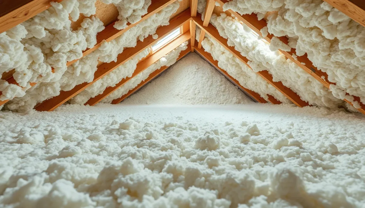 Combles perdus isolés avec de la ouate de cellulose insufflée uniformément, mettant en avant le confort thermique