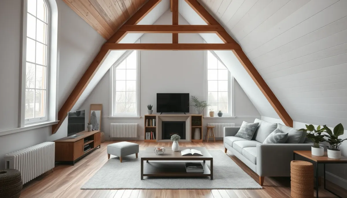 Combles aménagés en espace de vie confortable avec plafond en pente et poutres apparentes, illustrant le confort d'été et d'hiver