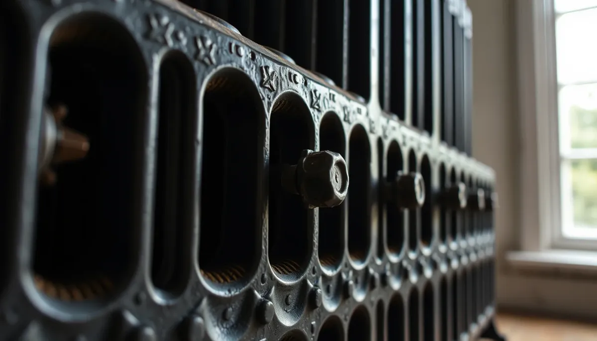 Gros plan sur un radiateur en fonte montrant ses sections et sa texture