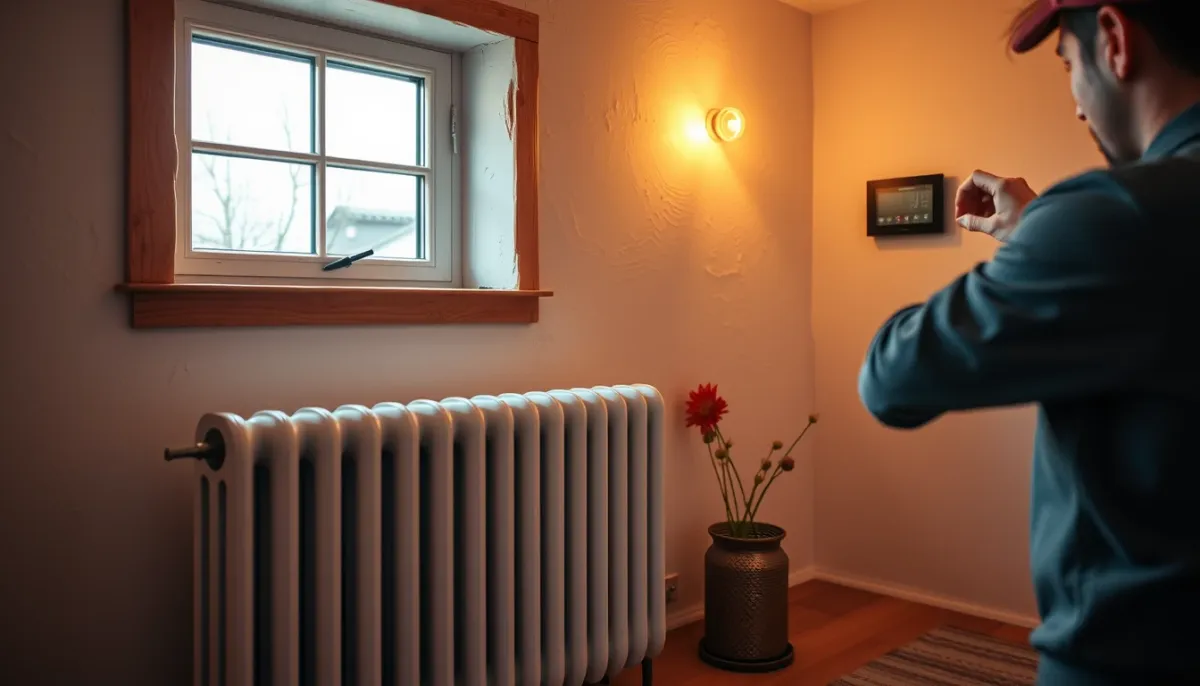 Salon bien isolé avec un radiateur en fonte et une personne réglant le thermostat