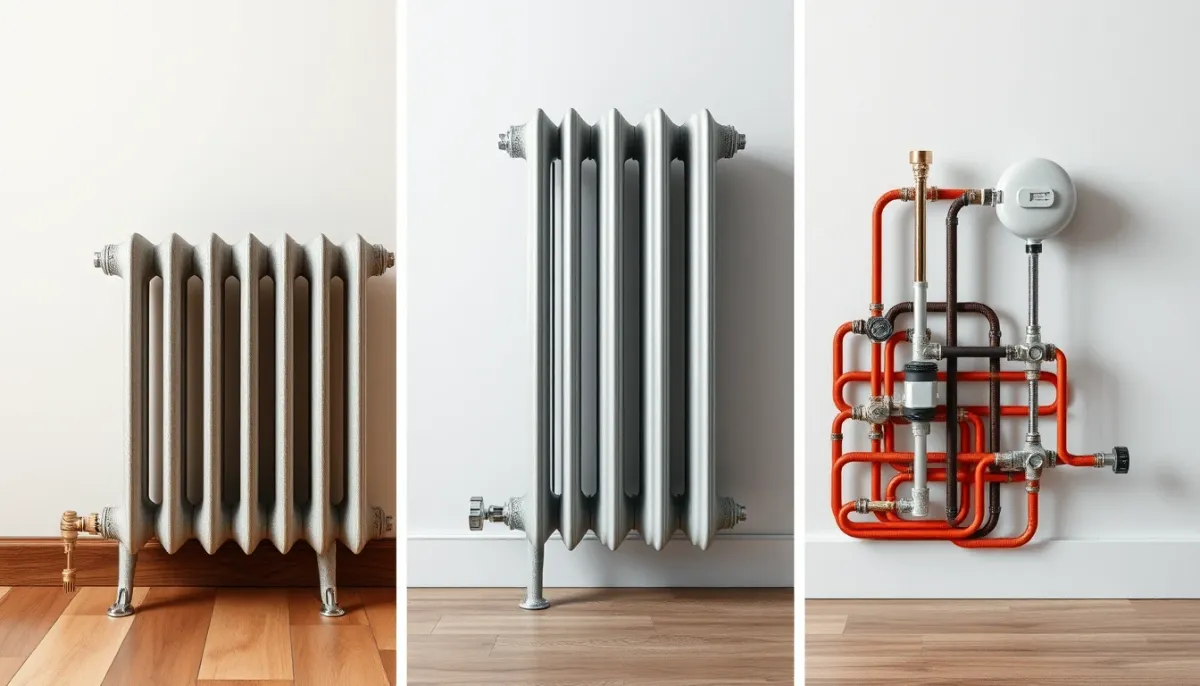 Comparatif visuel entre radiateur en fonte, radiateur basse température et plancher chauffant
