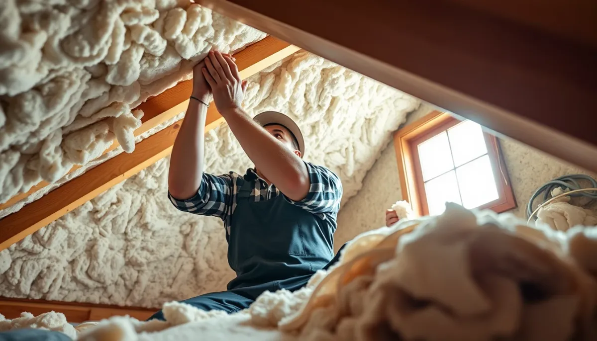 Artisan installant de l'isolation dans des combles