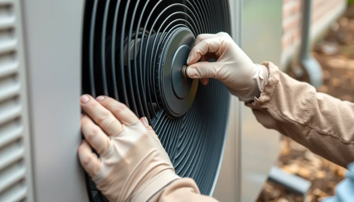 Technicien effectuant l'entretien d'une pompe à chaleur, gros plan sur les mains et les outils
