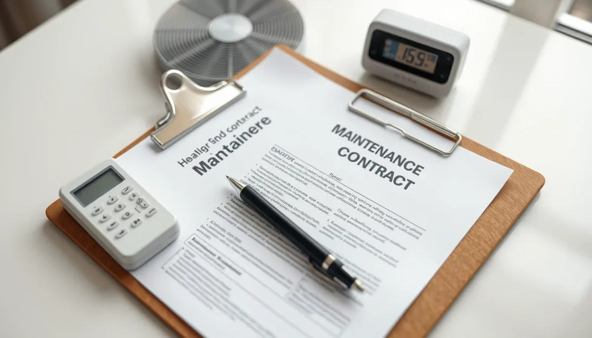 Contrat d'entretien et télécommande de pompe à chaleur sur une table