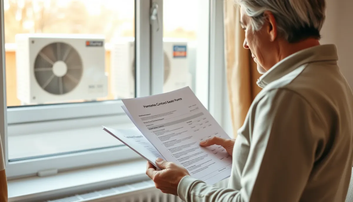Propriétaire comparant un contrat d'entretien et un devis pour sa pompe à chaleur