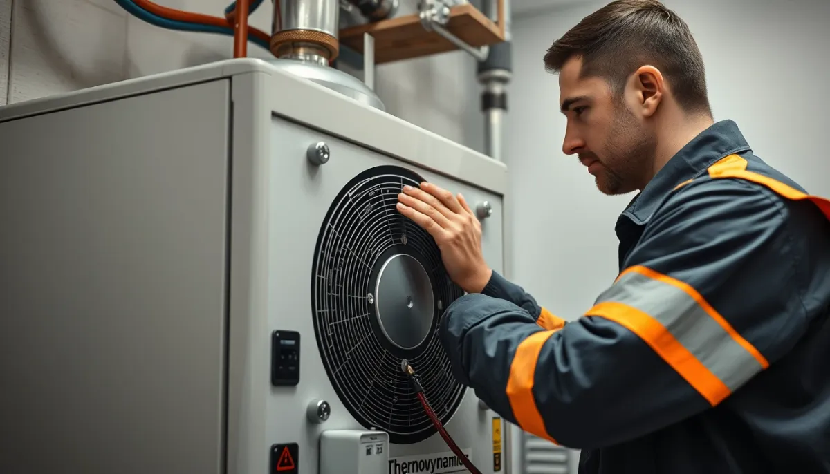 Technicien qualifié intervenant sur le compresseur d'un chauffe-eau thermodynamique